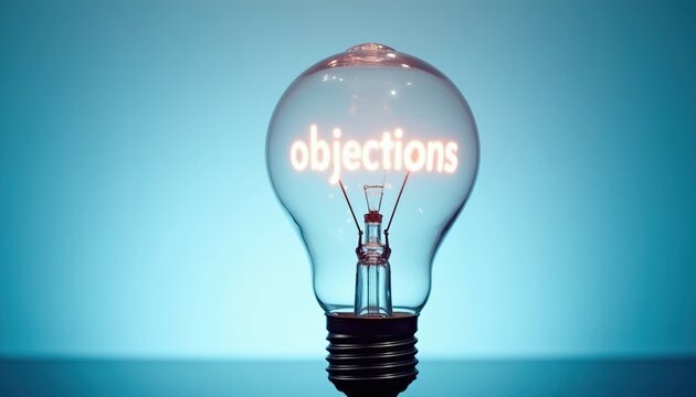 Light bulb contains word objections. Represents problem solving, overcoming challenges in business. Concept of thinking, strategy, solutions. Overcoming negative feedback. Rethinking approach.