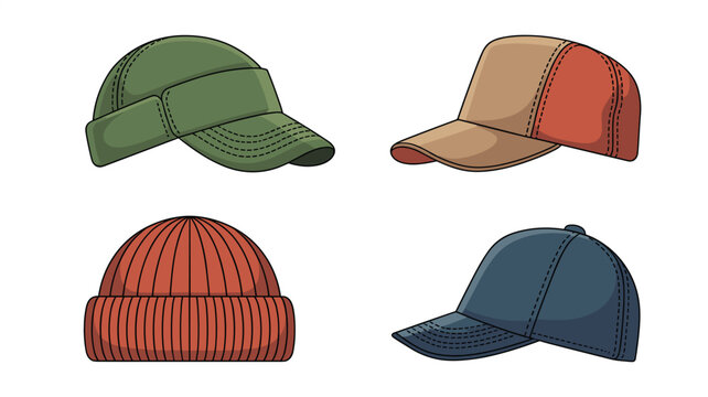 Four distinct styles of casual headwear including caps and beanies are displayed in a clean grid against a stark white background surface.