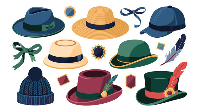 An elegant collection of diverse headwear including fedoras and beanies is arranged alongside decorative feathers and bows on a white base.
