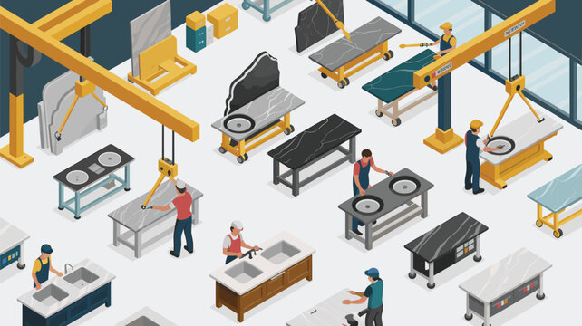 An isometric scene of workers operating machinery in a marble workshop is surrounded by stone slabs and various metal work tables now.