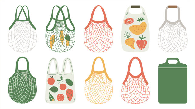 A collection of eco-friendly reusable mesh produce bags and canvas tote bags displays colorful illustrations of fresh vegetables on white base.