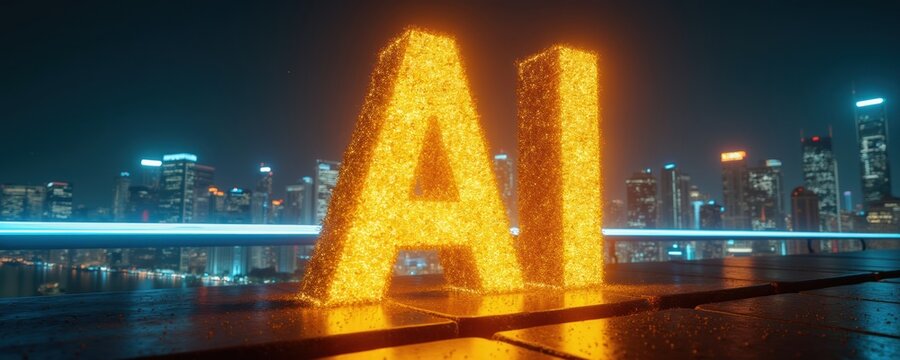 Golden AI letters glow on city skyline at night. Futuristic tech landscape with digital particles and bright lights. Innovation and data concept.