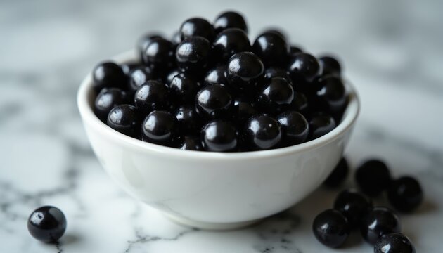 Dark black tapioca pearls fill white bowl sitting on marble surface. Pearls spill out onto counter, glistening under light. Offers close-up view of chewy spheres, perfect for food blogs recipes.