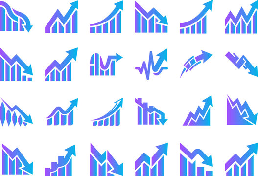 Graph icons set business finance statistics data analysis upward downward trend charts.
