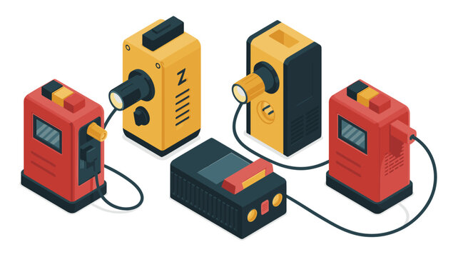 Five isometric battery jump starter devices in yellow and red are connected by black cables to create a functional power supply system.