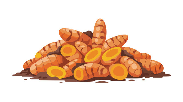 Fresh turmeric rhizomes are piled on dark soil, revealing vibrant orange interiors and textured earthy brown skins in this close shot.