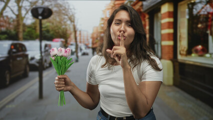 Fototapeta premium Woman holding pink tulips, smiling with finger to lips for silence on a street while wearing white t shirt; playful secret moment.