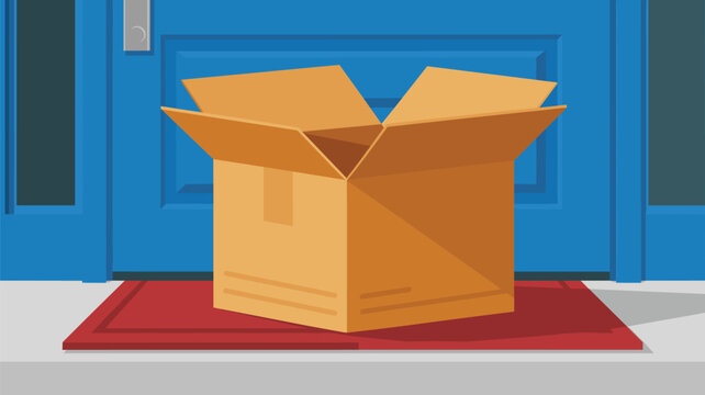 An empty open cardboard box sits prominently on a red doormat placed before a bright blue residential entrance door frame structure.