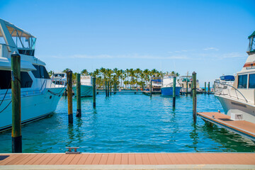 White luxury motor yachts moored at piers inside tropical Key West marina harbor on a Caribbean cruise vacation route. © AncientAftertone