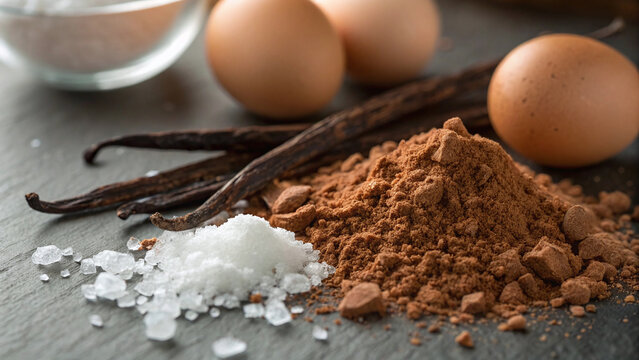 Photorealistic macro baking ingredients detail cocoa powder vanilla pods sugar crystals eggs salt flakes dark stone texture shot