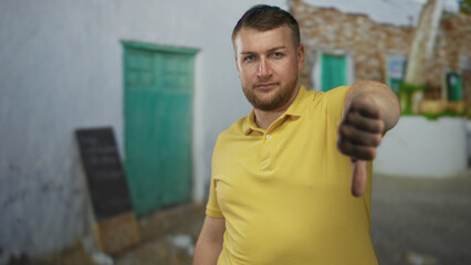 Fototapeta premium Man in yellow polo giving thumbsdown with visible thumb on street in front of building doorway; disapproval judgment.