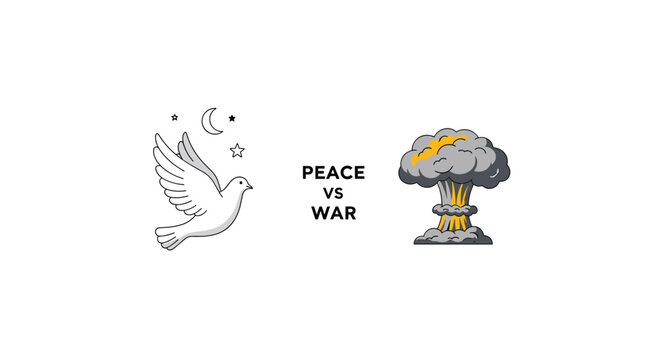 A dual-panel illustration depicts a white dove flying beneath celestial symbols alongside a looming gray nuclear mushroom cloud with bold text centered in the middle space.