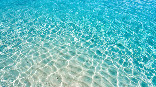 Crystal Clear Turquoise Ocean Water with Sunlight Ripples and Refracted Caustic Patterns on White Sandy Sea Floor Background Texture