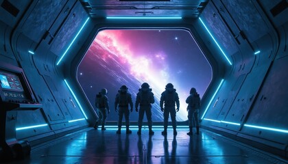 Obraz premium Astronauts in space suits stand inside spaceship corridor looking at colorful nebula through large window. Crew members observe deep space cosmos. Blue neon lights illuminate the metallic interior.