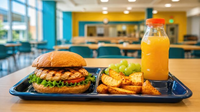 Healthy Cafeteria Lunch Tray With Chicken Sandwich Potato Wedges Grapes and Juice