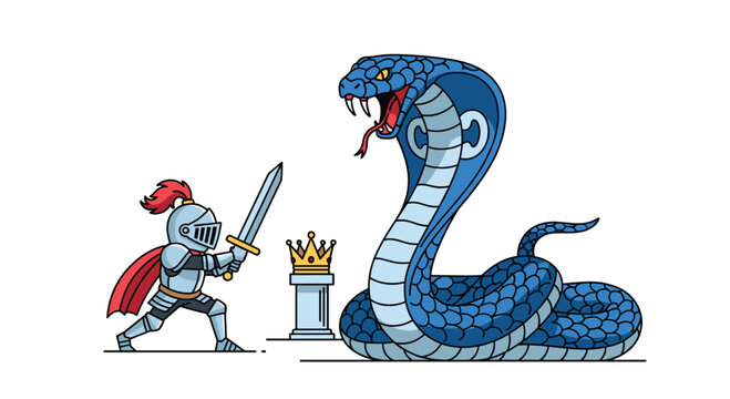 A knight in silver metal armor holding a long sword confronts a giant blue coiled cobra guarding a golden crown atop a stone pillar, flat design.