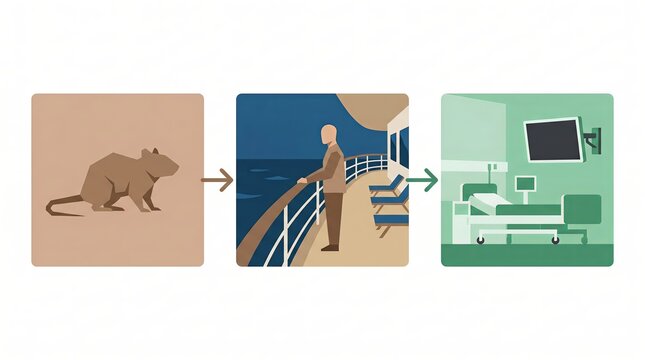 Vector Infographic of Pathogen Transmission from Rodent to Ship Passenger to Hospital