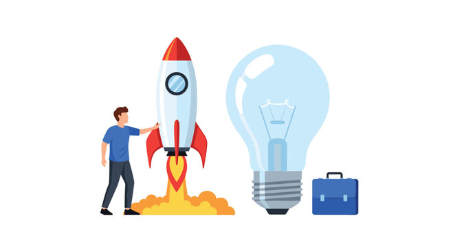A cartoon man leans against a rocket engine with visible orange exhaust smoke rising behind him next to a blue briefcase and a lightbulb on a neutral gray background.