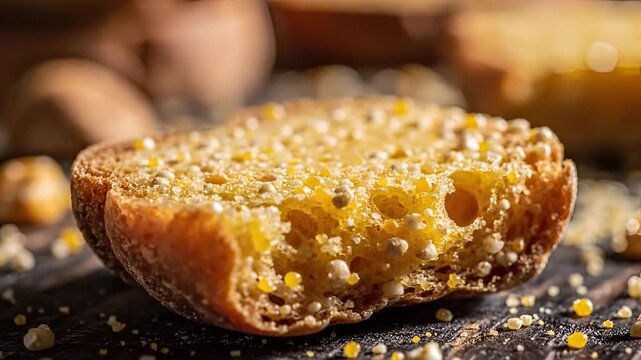 Closeup of a delicious corn muffin with visible kernels and a crumbly texture.