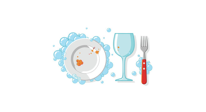 A lone white plate covered in food residue sits amidst light blue soap bubbles beside a tall empty glass and a fork with a red handle on white.