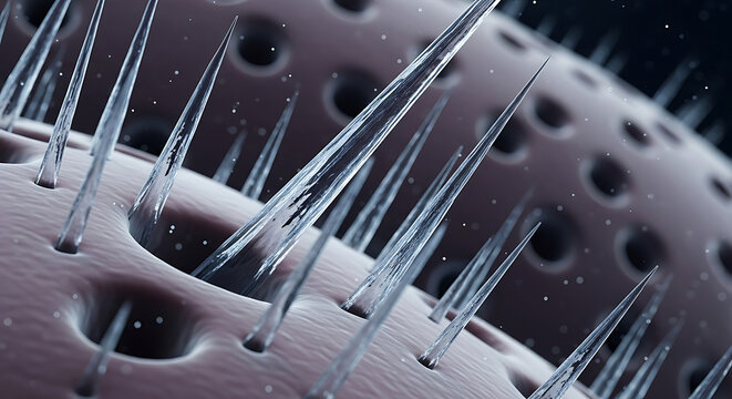 Microscopic view of sharp asbestos fibers penetrating a surface illustrating the hazardous nature of mineral exposure mesothelioma health risks and professional