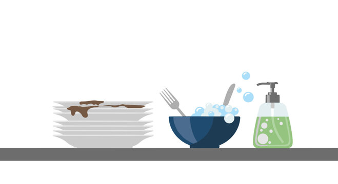 A stack of dirty plates sits beside a blue bowl filled with soapy bubbles and cutlery next to a green bottle of liquid dish soap on a gray surface.