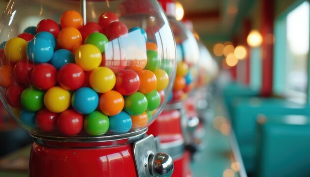 Row of classic red gumball machines filled with colorful round candy balls. Vintage confectionery dispensers line diner booths and tables. Bright sweets tempt customers.