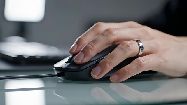 Closeup of a persons hand using a computer mouse on a desk.