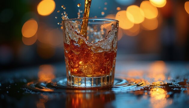 Amber liquid splashes into a short glass in a dark setting with warm bokeh lights. The drink creates ripples on the surface. Refreshment poured at night for celebration.