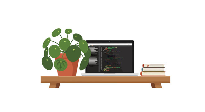 A laptop with code on its screen sits next to a green potted pilea plant and a small stack of books on a minimalist wooden desk against a plain off-white background with soft light