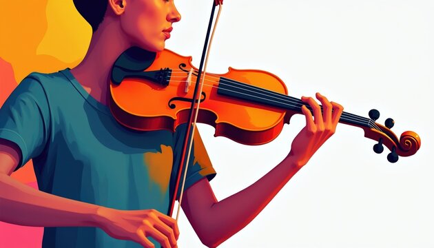 Person plays violin on white background. Artist with instrument creates melody. Musician draws bow across strings, practice classical music.