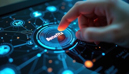 Obraz premium Finger presses Benefits button on futuristic digital interface. Person interacts with glowing tech screen showing data network. Digital display with glowing nodes and connections. Future tech concept.