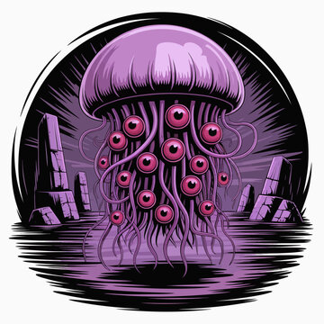 Purple Jellyfish with Pink Eyes Swimming.