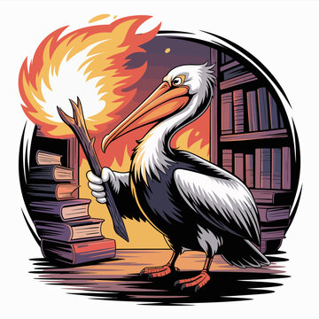 Pelican holding burning book fiercely.