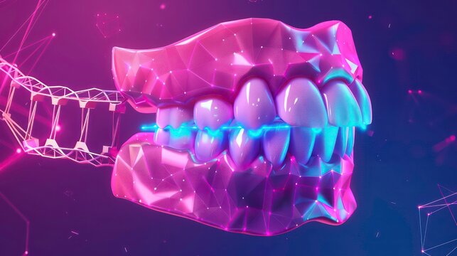 A glowing, abstract 3D model of a human jaw with teeth set against a purple background.