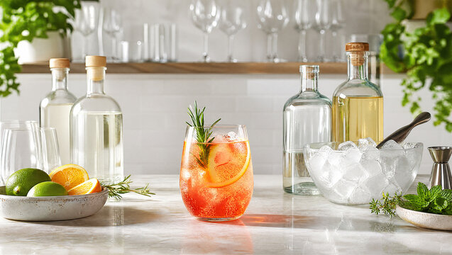 Nonalcoholic spritz ingredients on bright bar counter