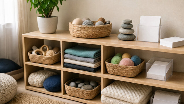 Sensory quiet room shelf with tactile objects
