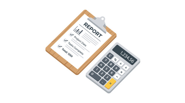 Calculator and report clipboard closeup.