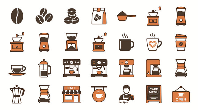 Coffee maker machine and beans icons.