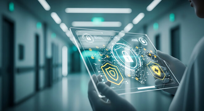 Medical professional holding a digital transparent interface with cybersecurity lock icons for secure patient data management in a modern clinic