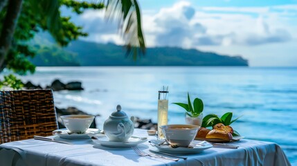 Obraz premium Romantic seaside tea for two with a view of the ocean and the mountains.