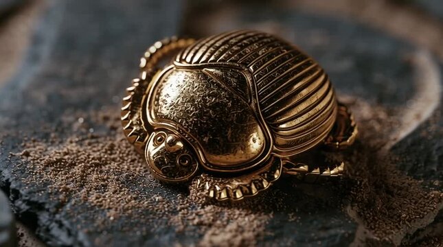 Macro shot of golden scarab amulet resting on ancient stone, shallow depth of field, warm directional lighting, subtle dust and sand grains, blurred dark background, cinematic archaeological detail.