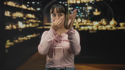 Fototapeta premium Woman pinches nose and grimaces, holding raised hand near face among glass display cases and gold artifacts in a museum; disgust.