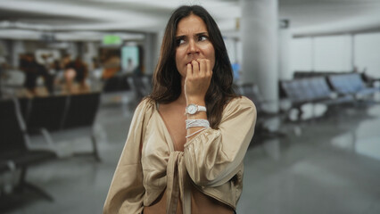 Fototapeta premium Young hispanic woman biting her nails with hand to mouth, showing wristwatch and tied blouse while standing in an airport terminal seating area; travel anxiety.