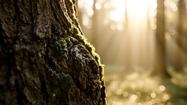 Sunlight filtering through trees in a forest highlighting moss on bark.