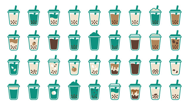 Collection of various bubble tea drinks.