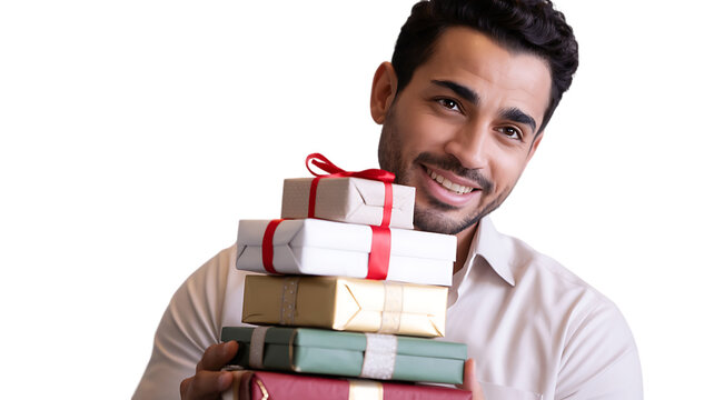 Smiling man holds a stack of wrapped gifts, conveying joy and celebratory anticipation.