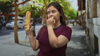 Fototapeta premium Woman holding baguette in one hand while finger to lips for silence on a city street lined with trees; hesitation hunger.