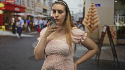 Fototapeta premium Woman in pink dress holds smartphone to mouth with hand on hip on street cafe terrace; thoughtful reflection.