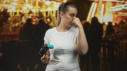 Woman in white tshirt holding a gamepad pinching her nose and grimacing with carnival lights and crowd blurred behind in studio  disgust. © Krakenimages.com